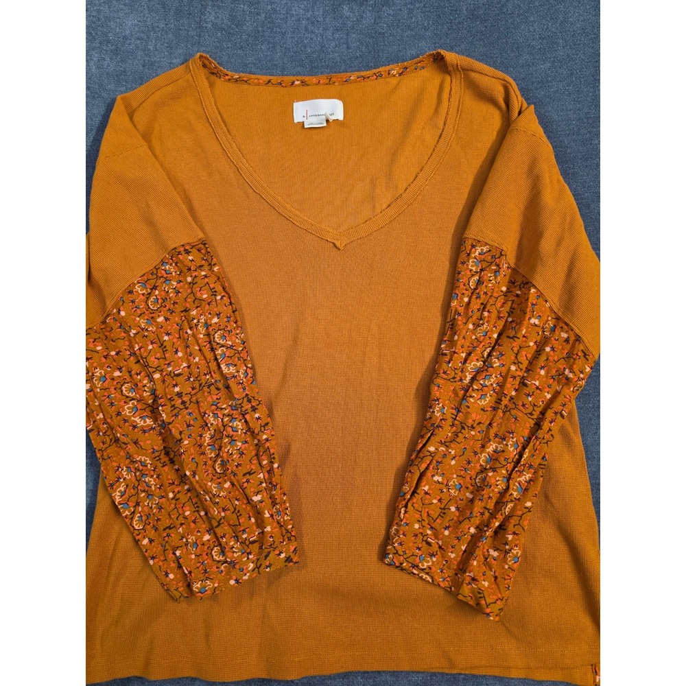 Anthropologie Floral Balloon Sleeve Thermal V-Neck Top Orange Mustard Medium